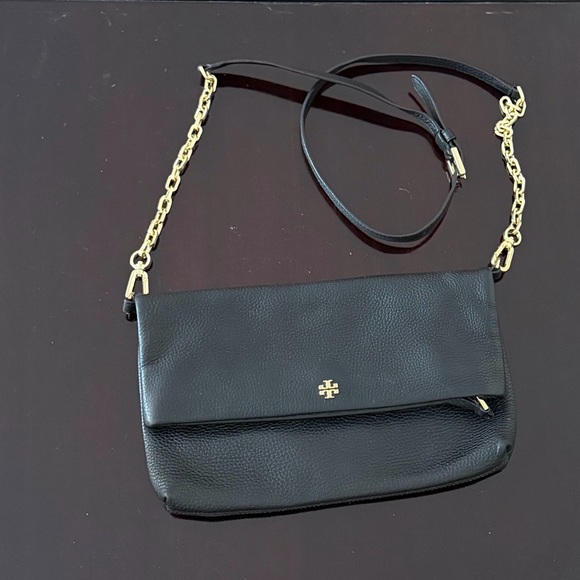 Tory Burch Black Leather Envelope Crossbody with Gold Chain
